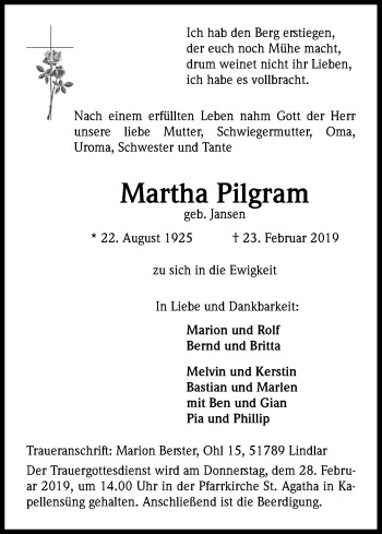 Anzeige von Martha Pilgram von Kölner Stadt-Anzeiger / Kölnische Rundschau / Express
