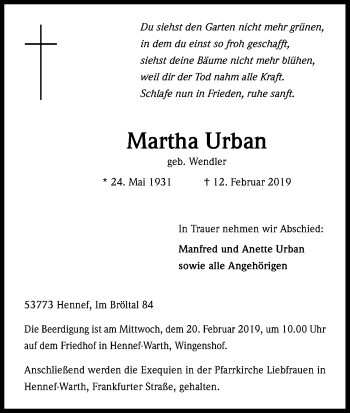 Anzeige von Martha Urban von Kölner Stadt-Anzeiger / Kölnische Rundschau / Express