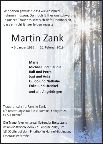 Anzeige von Martin Zank von Kölner Stadt-Anzeiger / Kölnische Rundschau / Express