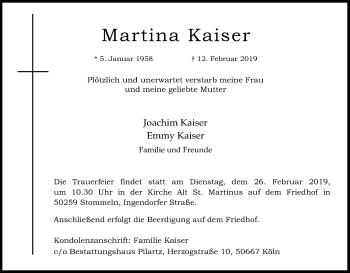 Anzeige von Martina Kaiser von Kölner Stadt-Anzeiger / Kölnische Rundschau / Express