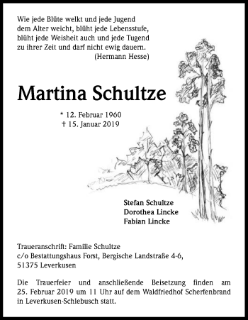 Anzeige von Martina Schultze von Kölner Stadt-Anzeiger / Kölnische Rundschau / Express