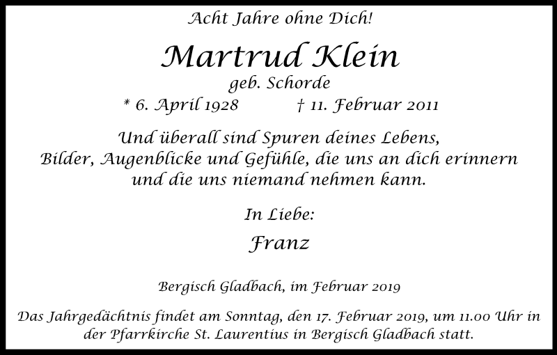  Traueranzeige für Martrud Klein vom 02.02.2019 aus Kölner Stadt-Anzeiger / Kölnische Rundschau / Express