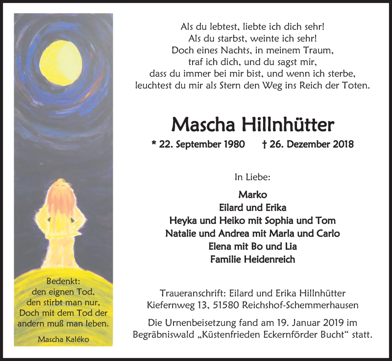  Traueranzeige für Mascha Hillnhütter vom 09.02.2019 aus Kölner Stadt-Anzeiger / Kölnische Rundschau / Express