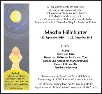 Anzeige von Mascha Hillnhütter von Kölner Stadt-Anzeiger / Kölnische Rundschau / Express