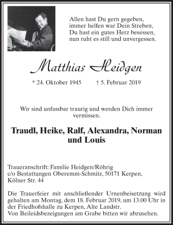 Anzeige von Matthias Heidgen von  Sonntags-Post 