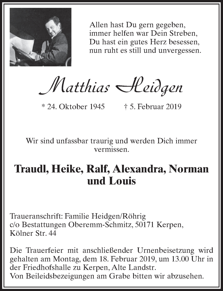  Traueranzeige für Matthias Heidgen vom 09.02.2019 aus  Sonntags-Post 