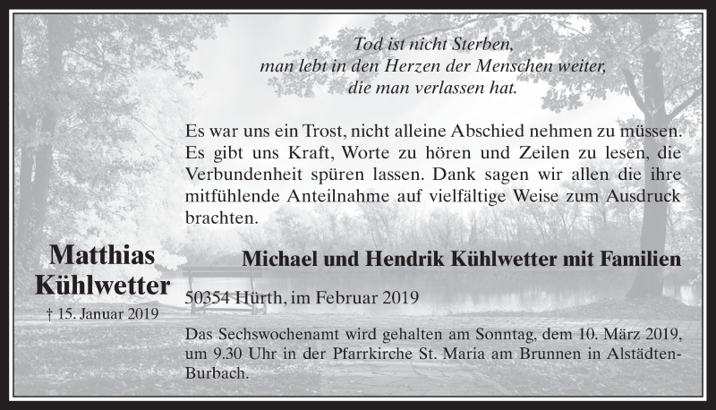  Traueranzeige für Matthias Kühlwetter vom 27.02.2019 aus  Wochenende 
