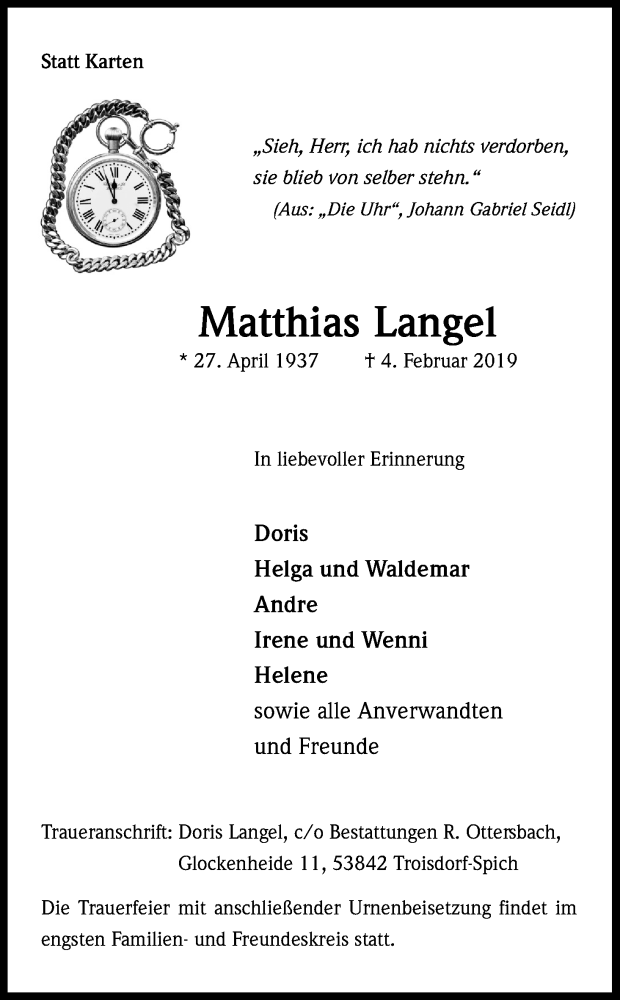  Traueranzeige für Matthias Langel vom 09.02.2019 aus Kölner Stadt-Anzeiger / Kölnische Rundschau / Express