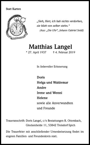 Anzeige von Matthias Langel von Kölner Stadt-Anzeiger / Kölnische Rundschau / Express