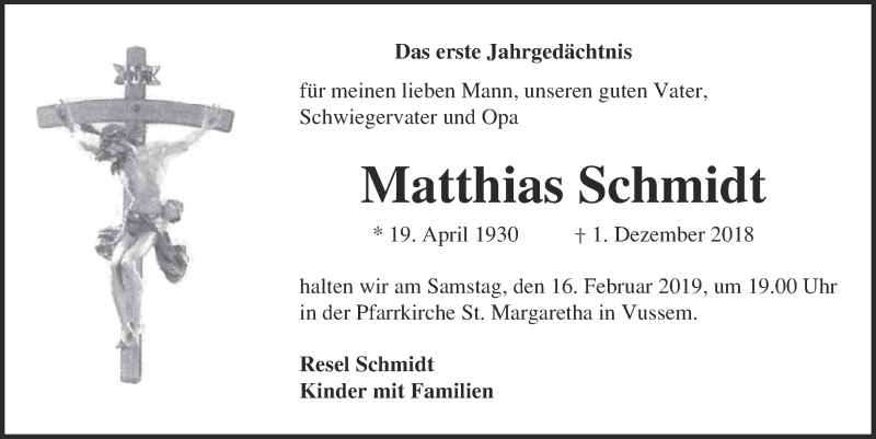  Traueranzeige für Matthias Schmidt vom 09.02.2019 aus  Blickpunkt Euskirchen 