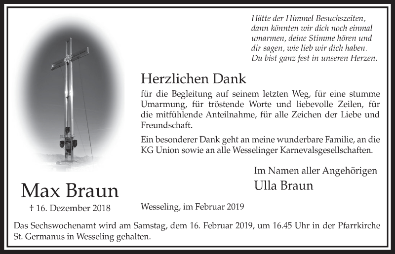  Traueranzeige für Max Braun vom 06.02.2019 aus  Schlossbote/Werbekurier 