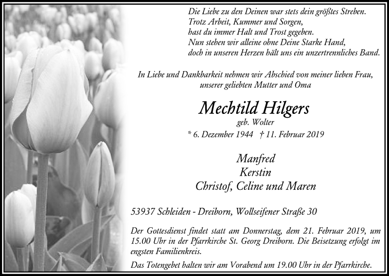  Traueranzeige für Mechtild Hilgers vom 16.02.2019 aus Kölner Stadt-Anzeiger / Kölnische Rundschau / Express