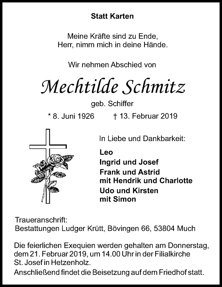  Traueranzeige für Mechtilde Schmitz vom 16.02.2019 aus Kölner Stadt-Anzeiger / Kölnische Rundschau / Express