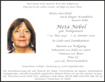 Anzeige von Meta Nebel von  Bergisches Handelsblatt 