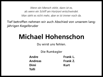 Anzeige von Michael Hohenschon von Kölner Stadt-Anzeiger / Kölnische Rundschau / Express