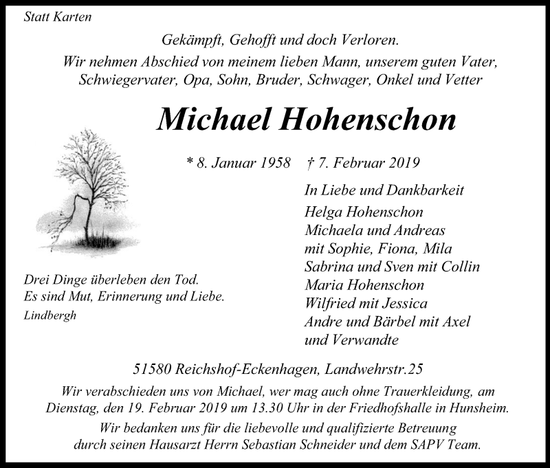  Traueranzeige für Michael Hohenschon vom 13.02.2019 aus Kölner Stadt-Anzeiger / Kölnische Rundschau / Express