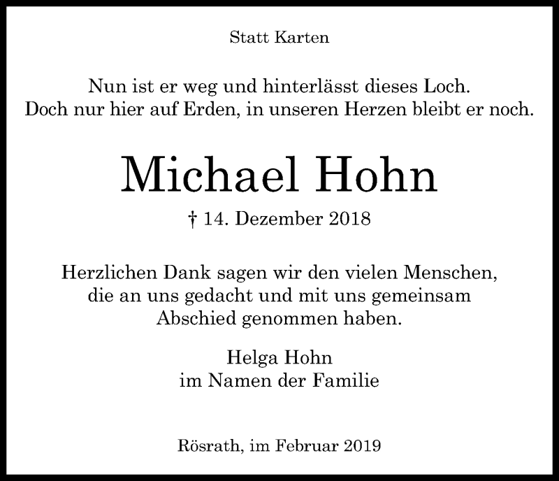  Traueranzeige für Michael Hohn vom 09.02.2019 aus Kölner Stadt-Anzeiger / Kölnische Rundschau / Express