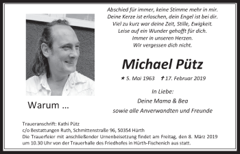 Anzeige von Michael Pütz von  Wochenende 