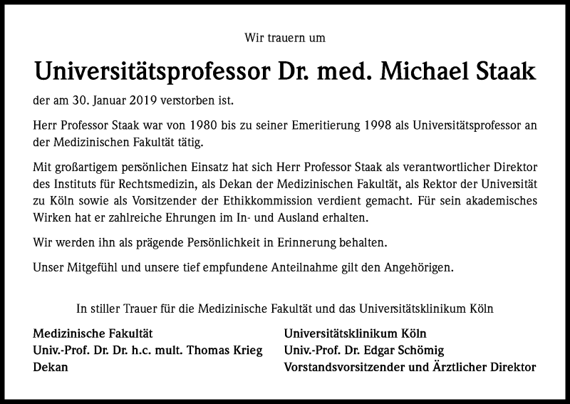  Traueranzeige für Michael Staak vom 09.02.2019 aus Kölner Stadt-Anzeiger / Kölnische Rundschau / Express