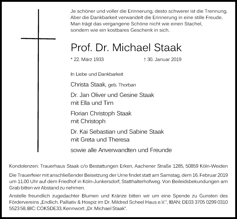  Traueranzeige für Michael Staak vom 09.02.2019 aus Kölner Stadt-Anzeiger / Kölnische Rundschau / Express