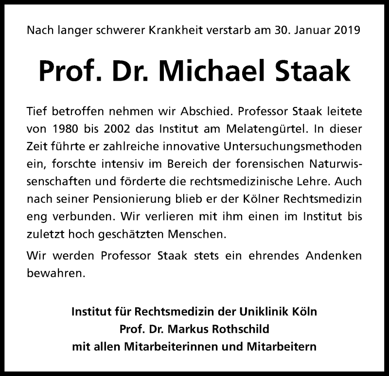  Traueranzeige für Michael Staak vom 09.02.2019 aus Kölner Stadt-Anzeiger / Kölnische Rundschau / Express