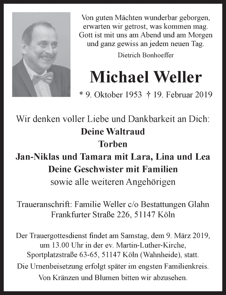  Traueranzeige für Michael Weller vom 27.02.2019 aus  Kölner Wochenspiegel 