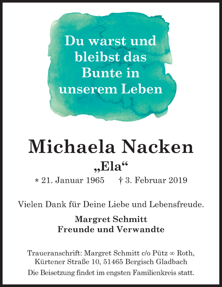  Traueranzeige für Michaela Nacken vom 16.02.2019 aus Kölner Stadt-Anzeiger / Kölnische Rundschau / Express