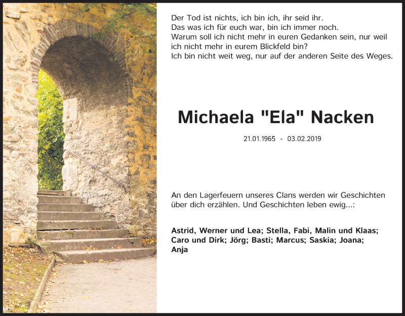  Traueranzeige für Michaela Nacken vom 16.02.2019 aus Kölner Stadt-Anzeiger / Kölnische Rundschau / Express