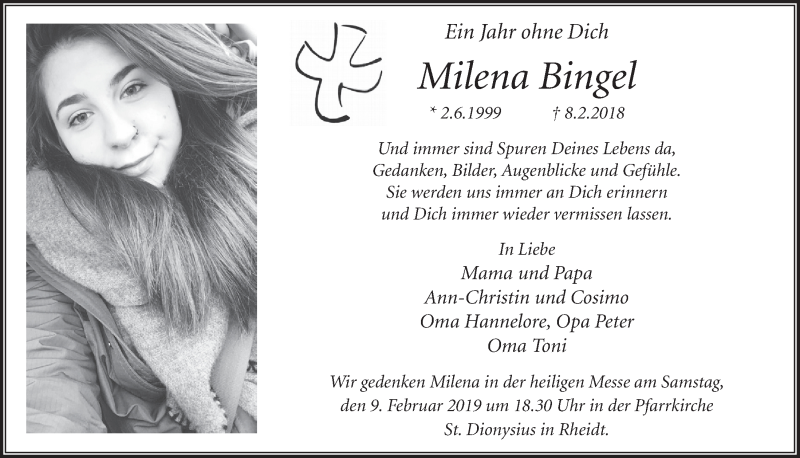  Traueranzeige für Milena Bingel vom 06.02.2019 aus  Extra Blatt 