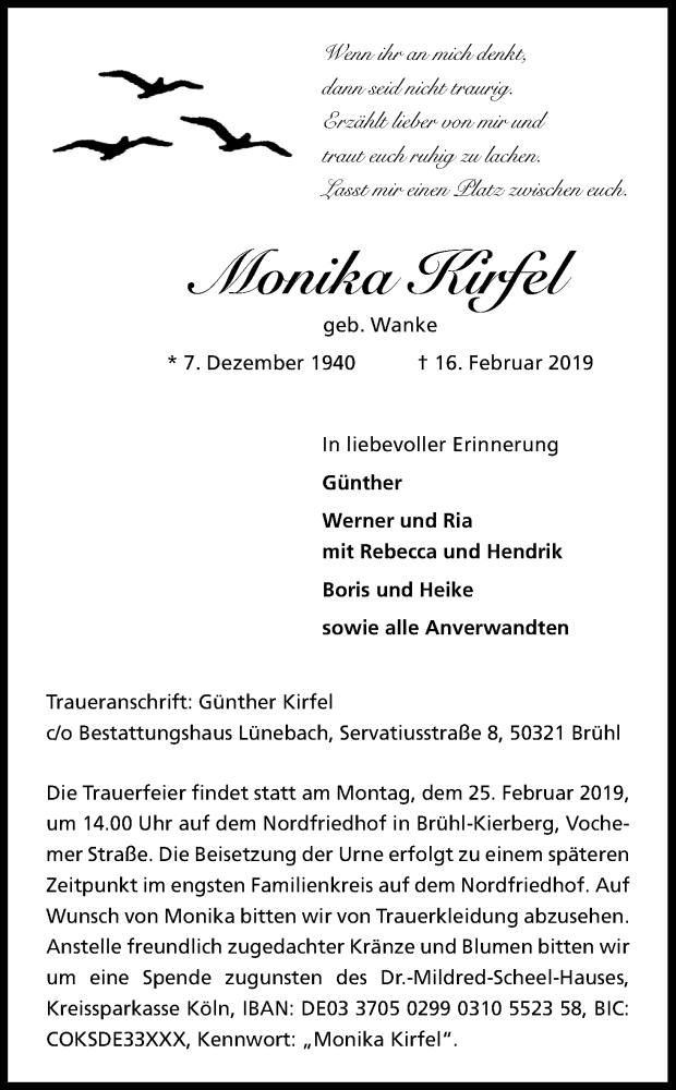  Traueranzeige für Monika Kirfel vom 23.02.2019 aus Kölner Stadt-Anzeiger / Kölnische Rundschau / Express