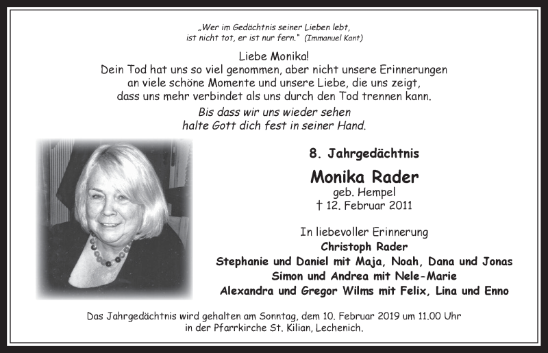  Traueranzeige für Monika Rader vom 06.02.2019 aus  Werbepost 