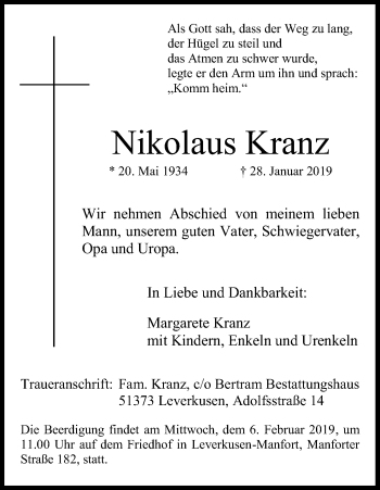 Anzeige von Nikolaus Kranz von Kölner Stadt-Anzeiger / Kölnische Rundschau / Express