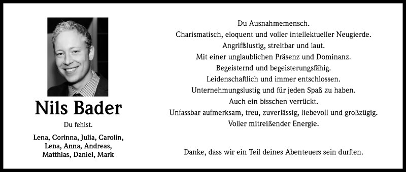  Traueranzeige für Nils Bader vom 09.02.2019 aus Kölner Stadt-Anzeiger / Kölnische Rundschau / Express