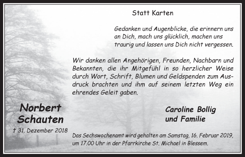  Traueranzeige für Norbert Schauten vom 13.02.2019 aus  Werbepost 