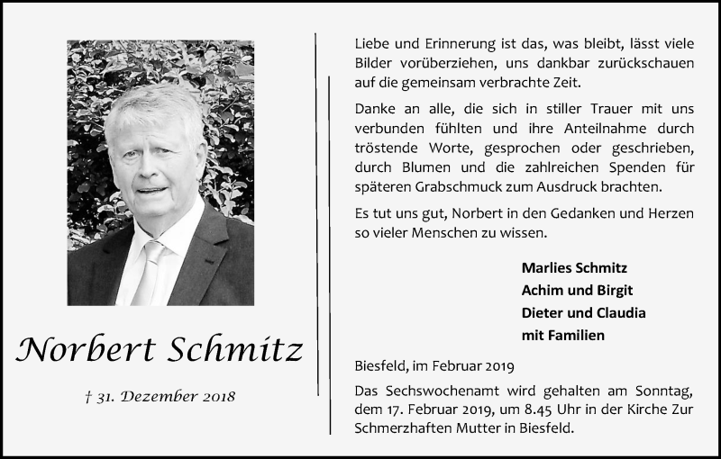  Traueranzeige für Norbert Schmitz vom 09.02.2019 aus Kölner Stadt-Anzeiger / Kölnische Rundschau / Express