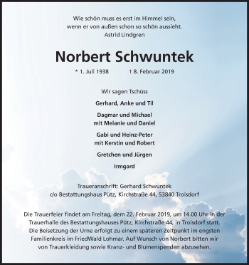 Anzeige von Norbert Schwuntek von Kölner Stadt-Anzeiger / Kölnische Rundschau / Express