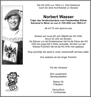 Anzeige von Norbert Wasser von Kölner Stadt-Anzeiger / Kölnische Rundschau / Express