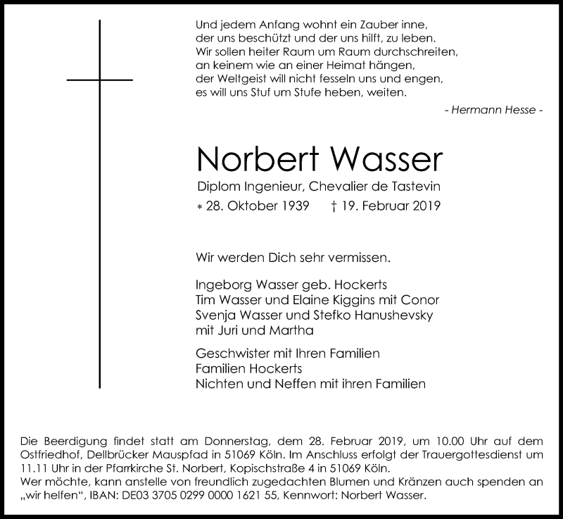  Traueranzeige für Norbert Wasser vom 23.02.2019 aus Kölner Stadt-Anzeiger / Kölnische Rundschau / Express