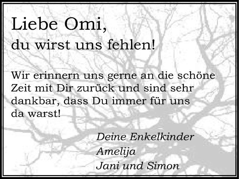  Traueranzeige für Omi  vom 09.02.2019 aus Kölner Stadt-Anzeiger / Kölnische Rundschau / Express