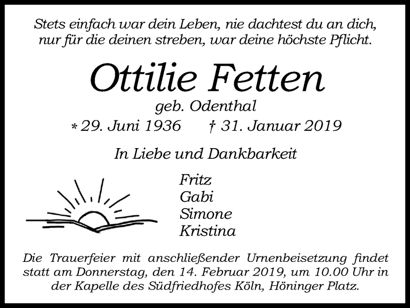  Traueranzeige für Ottilie Fetten vom 09.02.2019 aus Kölner Stadt-Anzeiger / Kölnische Rundschau / Express