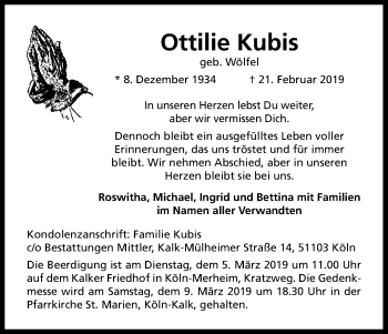 Anzeige von Ottilie Kubis von Kölner Stadt-Anzeiger / Kölnische Rundschau / Express