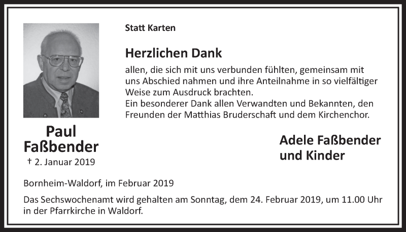  Traueranzeige für Paul Faßbender vom 13.02.2019 aus  Schlossbote/Werbekurier 