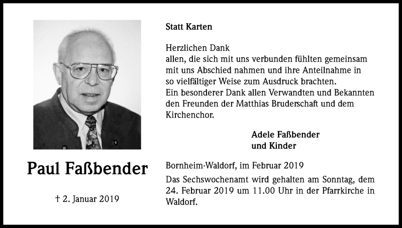  Traueranzeige für Paul Faßbender vom 16.02.2019 aus Kölner Stadt-Anzeiger / Kölnische Rundschau / Express