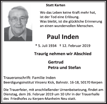 Anzeige von Paul Inden von  Sonntags-Post 