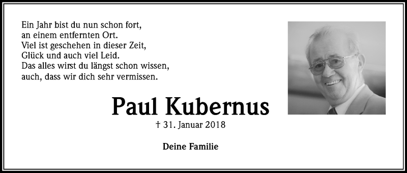  Traueranzeige für Paul Kubernus vom 02.02.2019 aus Kölner Stadt-Anzeiger / Kölnische Rundschau / Express
