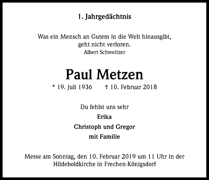  Traueranzeige für Paul Metzen vom 02.02.2019 aus Kölner Stadt-Anzeiger / Kölnische Rundschau / Express