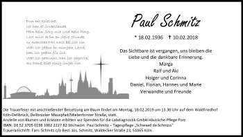 Anzeige von Paul Schmitz von Kölner Stadt-Anzeiger / Kölnische Rundschau / Express