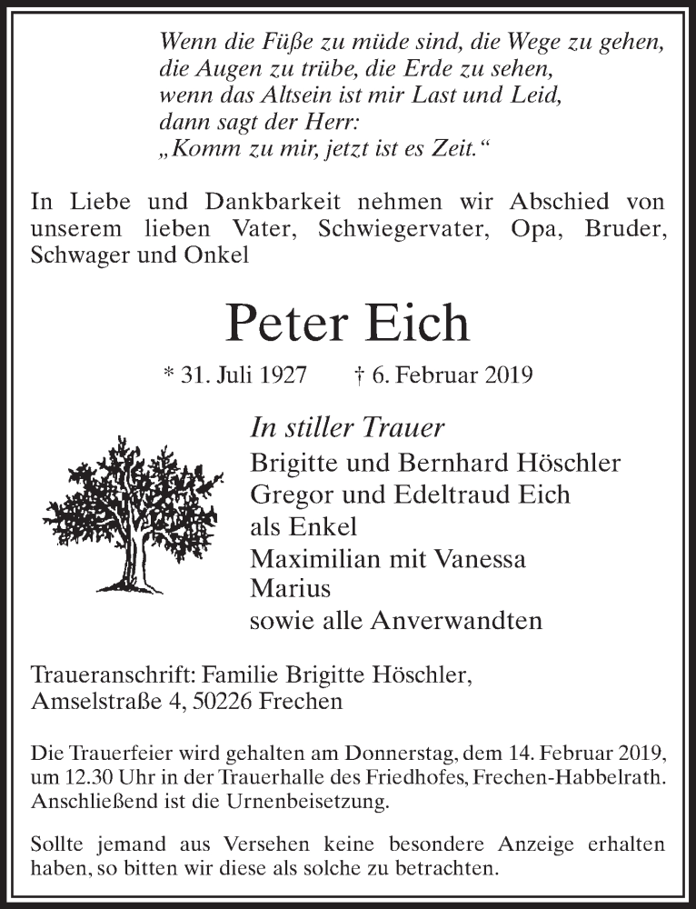  Traueranzeige für Peter Eich vom 09.02.2019 aus  Sonntags-Post 