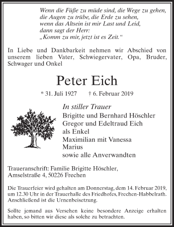 Anzeige von Peter Eich von  Sonntags-Post 