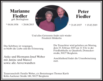 Anzeige von Peter Fiedler von  Sonntags-Post 
